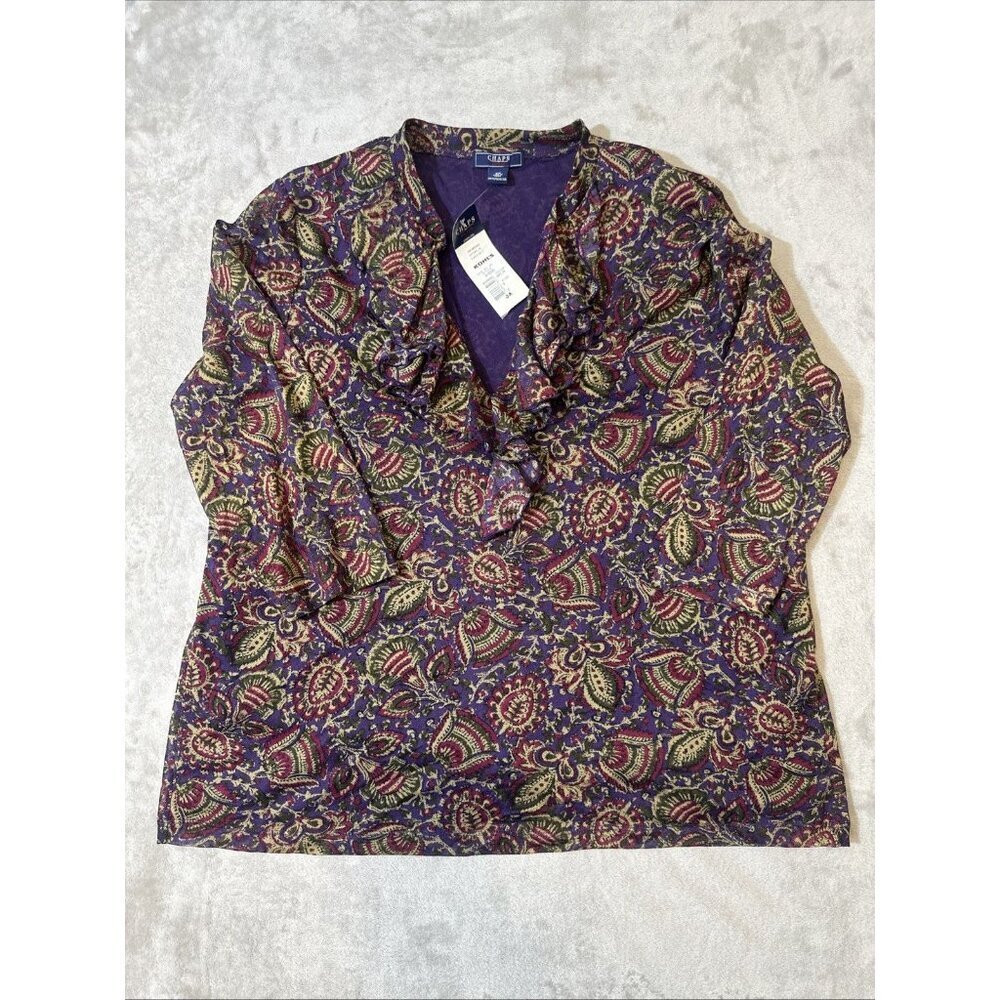Chaps Women’s Blouse 3X Purple Paisley Floral Print Ruffle Neck Top